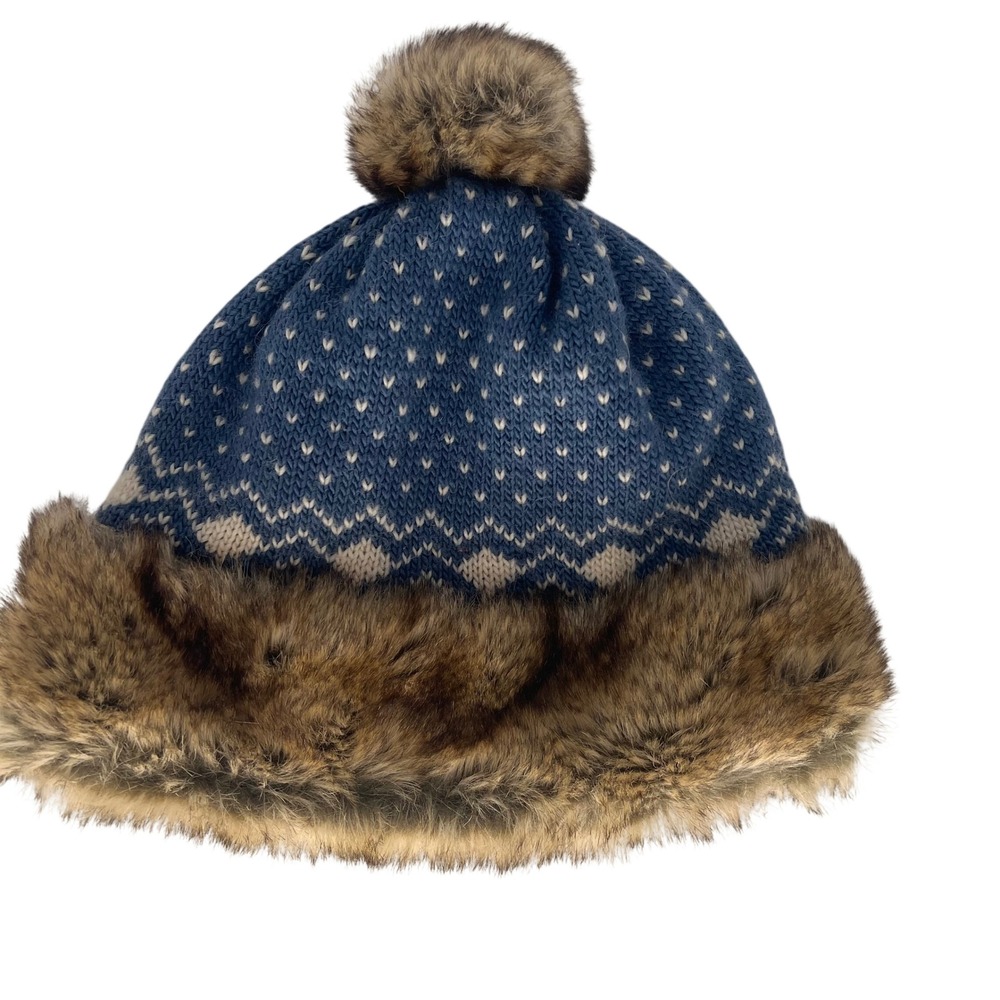 DeLux Hand Knit Wool Hat with Faux Fur Trim Pom Pom Blue Fair‎ Isle Fleece Lined